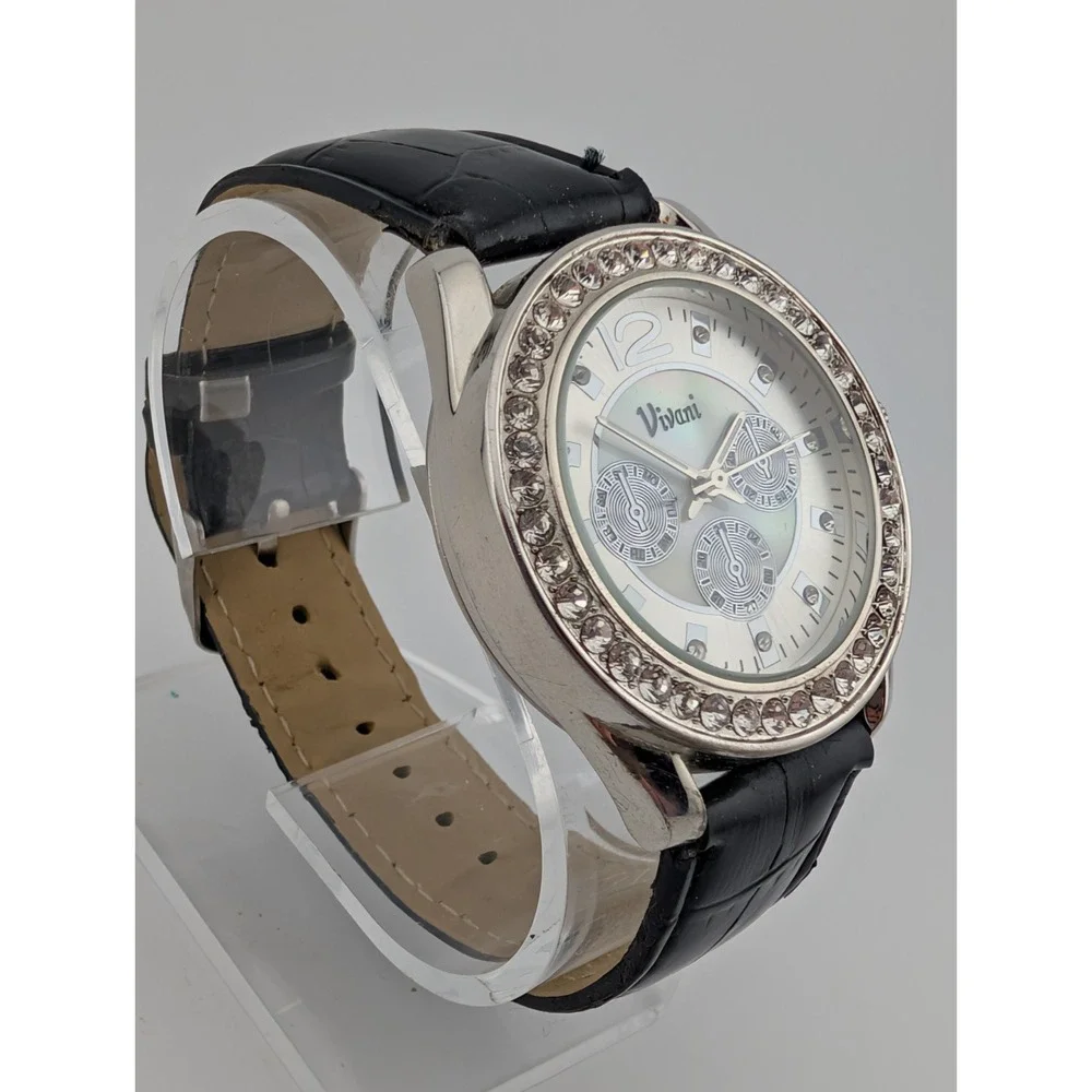 Vivani Watch Women 23mm Silver Tone‎ Case Black Band- New Battery